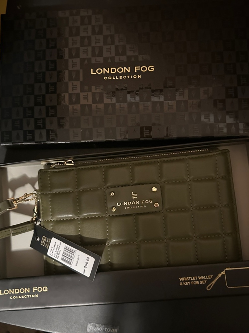 London Fog Olive Quilted Wristlet & Key Fob Set